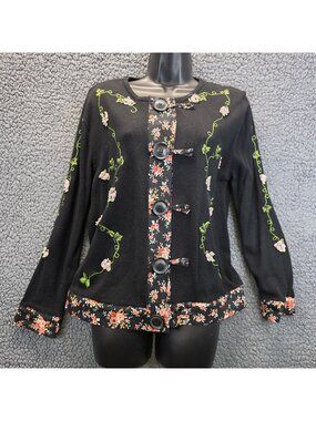 Bobbie C Embroidery Rosette Cardigan M Black Cottagecore Romantic Goth Coquette